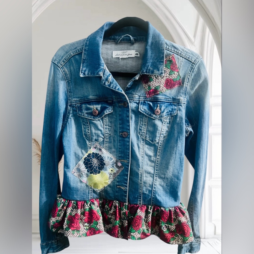 H&M Refashioned Denim Jacket Peplum Rose Leopard Ruffle Size S - Made by Aloha